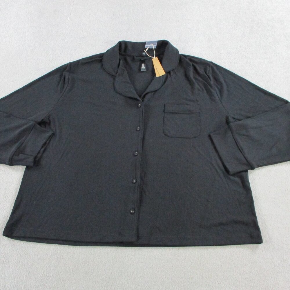 SKIMS Soft Lounge Rib Sleep Top Women 2X Onyx Black Button Up Stretch Loungewear - Picture 2 of 9